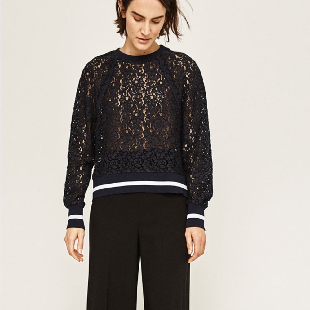 Zara Black Lace Crewneck Sweatshirt with Striped Hem